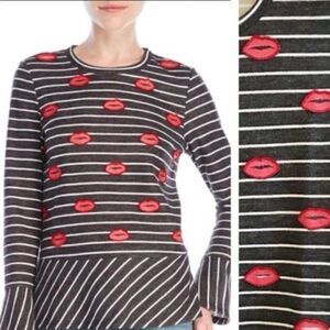 Nanette Lepore Black/White Striped Peplum Top w/Red Beaded Lips Sz M. EUC Art